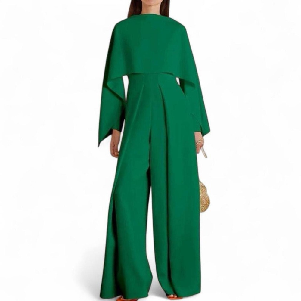OSHOPLIVE Green Flowy Wide Leg Long Sleeve Pants Jumpsuit